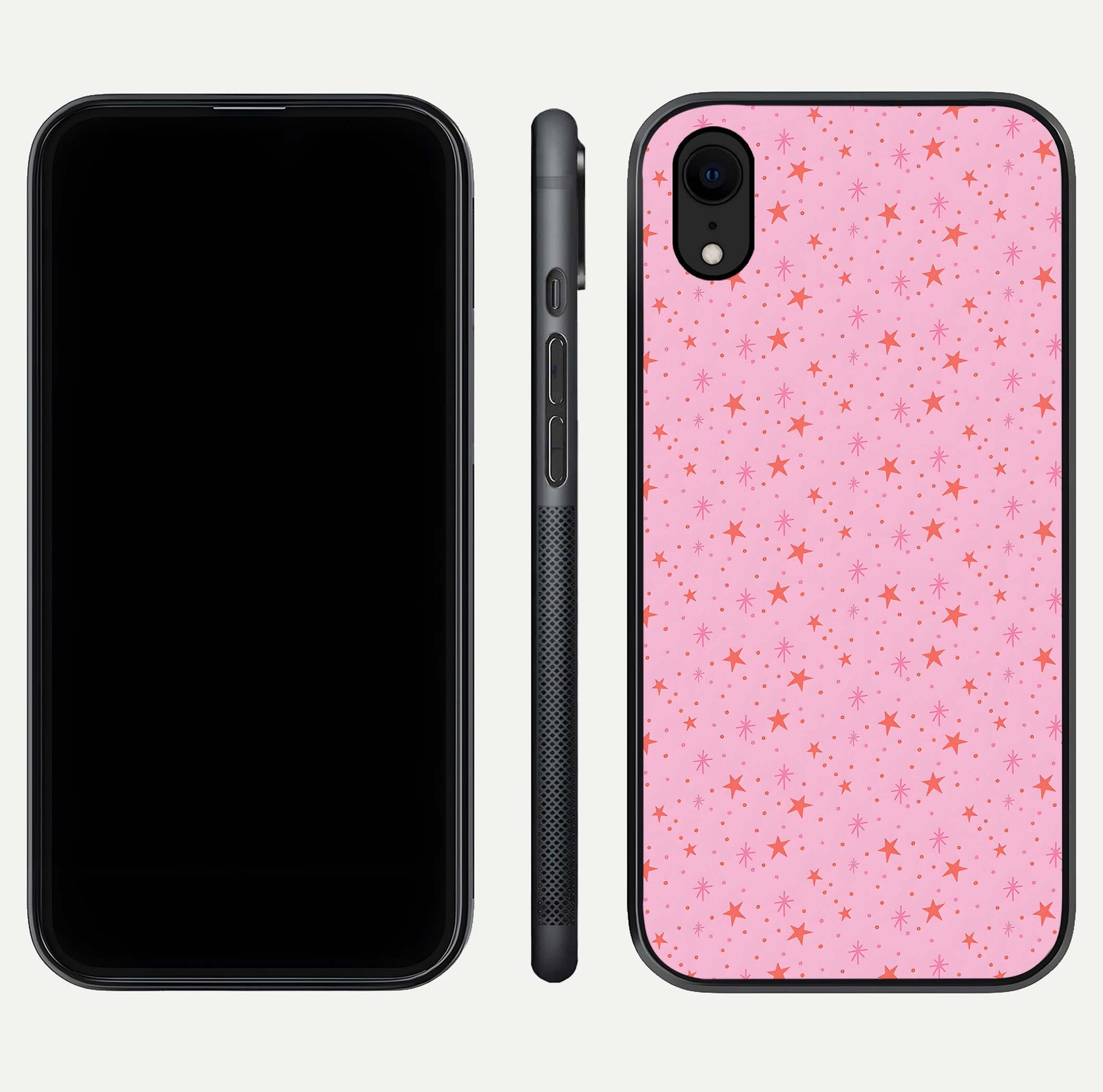 Cosmic Pink Sparkle iPhone Xr glass phone case front and side layout view displaying slim profile and full cosmic coverage