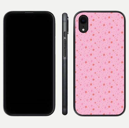 Cosmic Pink Sparkle iPhone Xr glass phone case front and side layout view displaying slim profile and full cosmic coverage