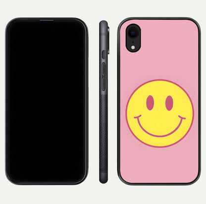 Happy Pink Mood iPhone Xr glass phone case front and side layout view showing slim build and full pink coverage