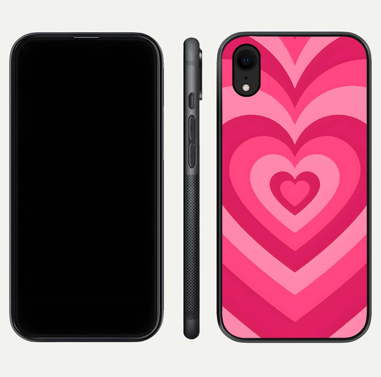 Layered Love Hearts iPhone Xr glass phone case front and side layout view displaying slim profile and full heart design