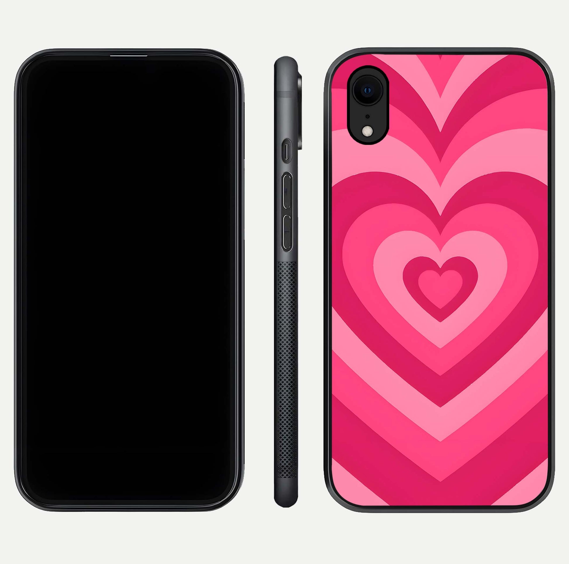 Layered Love Hearts iPhone Xr glass phone case front and side layout view displaying slim profile and full heart design