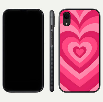 Layered Love Hearts iPhone Xr glass phone case front and side layout view displaying slim profile and full heart design