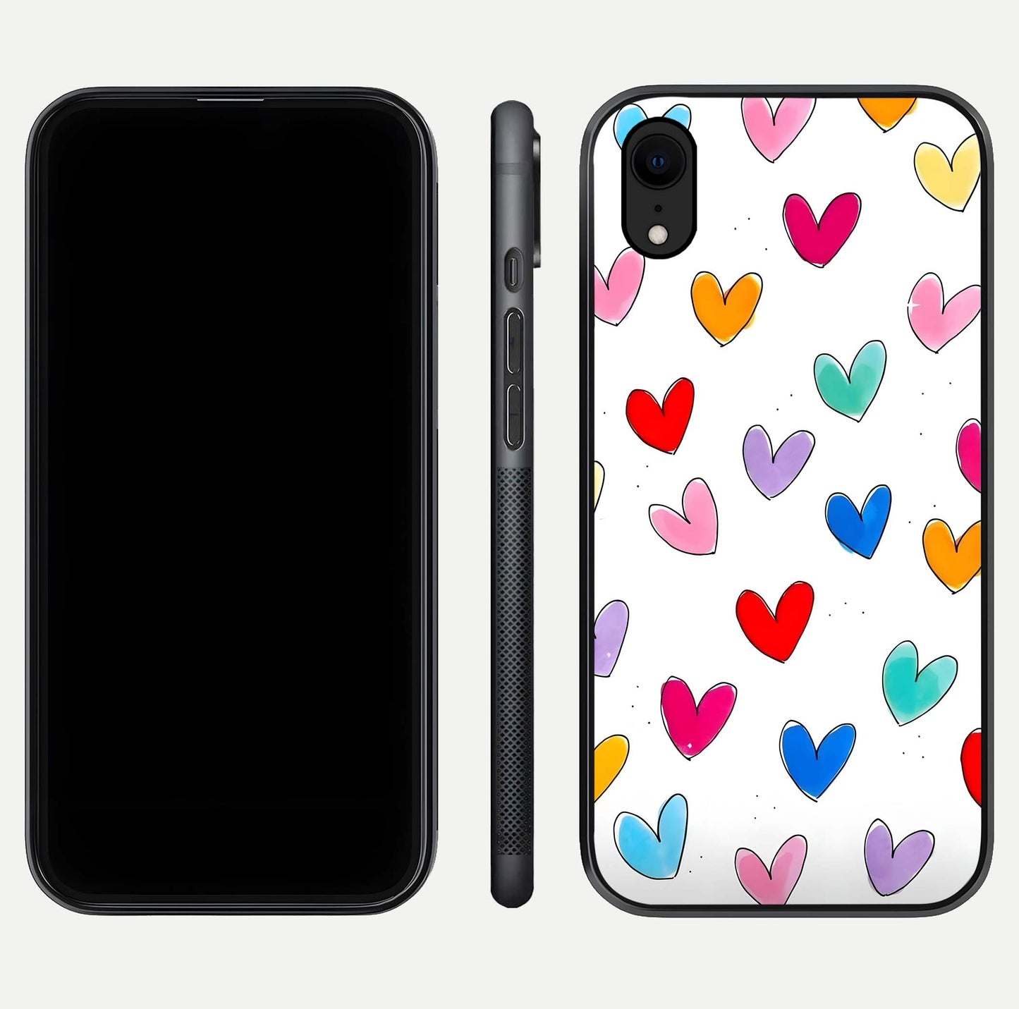 Playful Love Doodles iPhone Xr glass phone case front and side layout view showing slim build and full doodle coverage