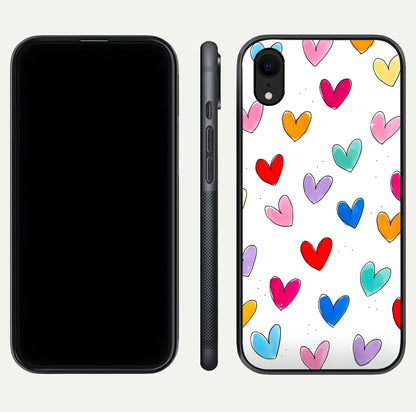 Playful Love Doodles iPhone Xr glass phone case front and side layout view showing slim build and full doodle coverage