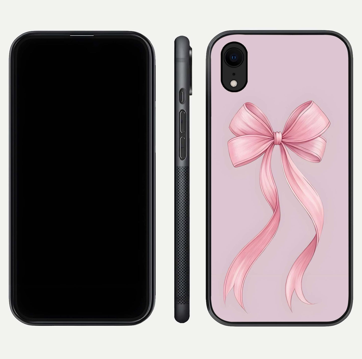 Soft Blush Bow iPhone Xr glass phone case front and side layout view displaying slim profile and gentle aesthetic