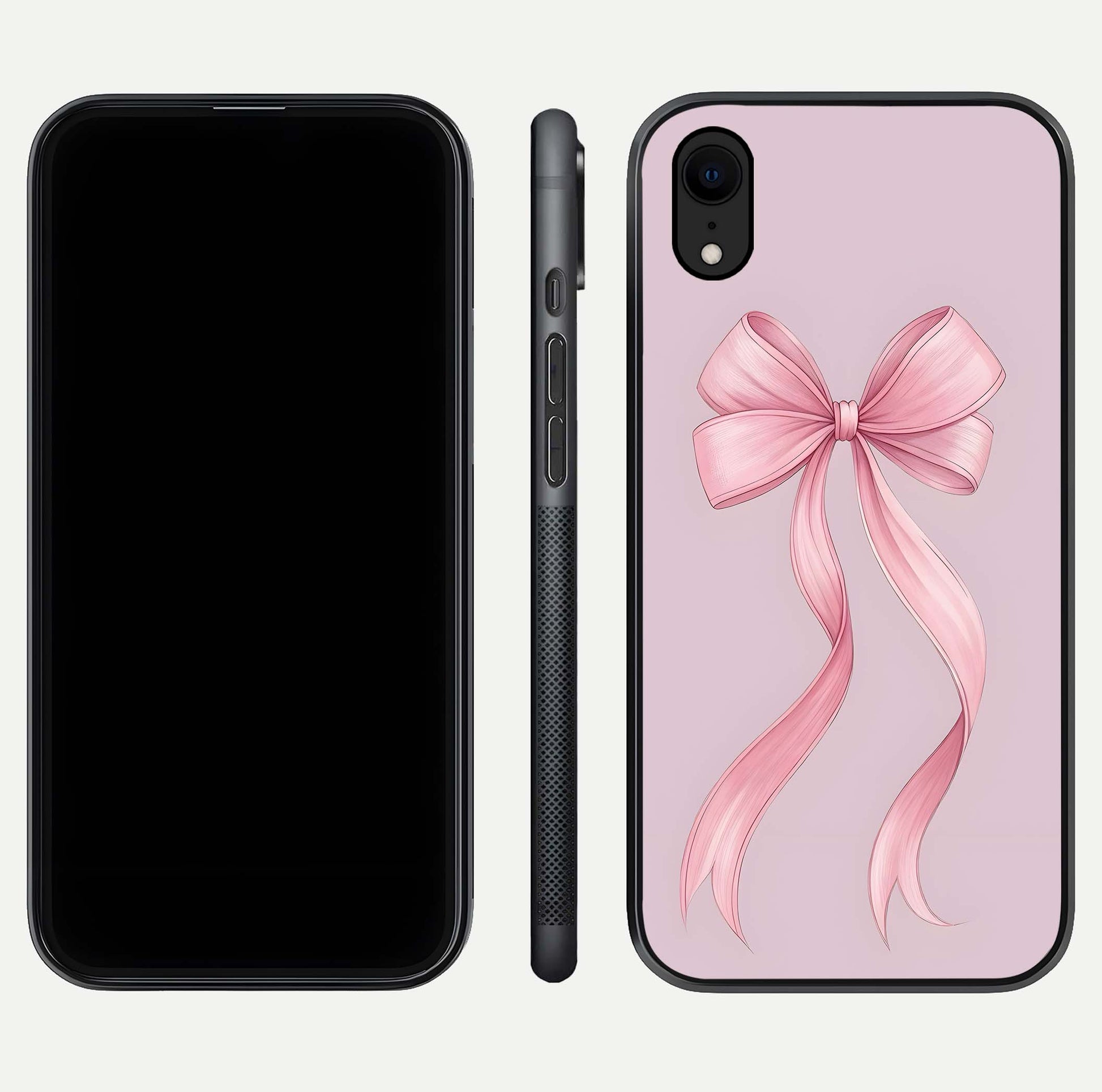 Soft Blush Bow iPhone Xr glass phone case front and side layout view displaying slim profile and gentle aesthetic