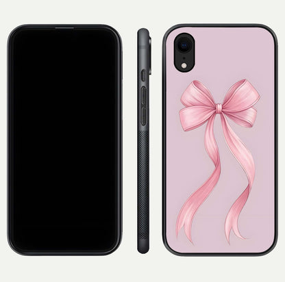 Soft Blush Bow iPhone Xr glass phone case front and side layout view displaying slim profile and gentle aesthetic