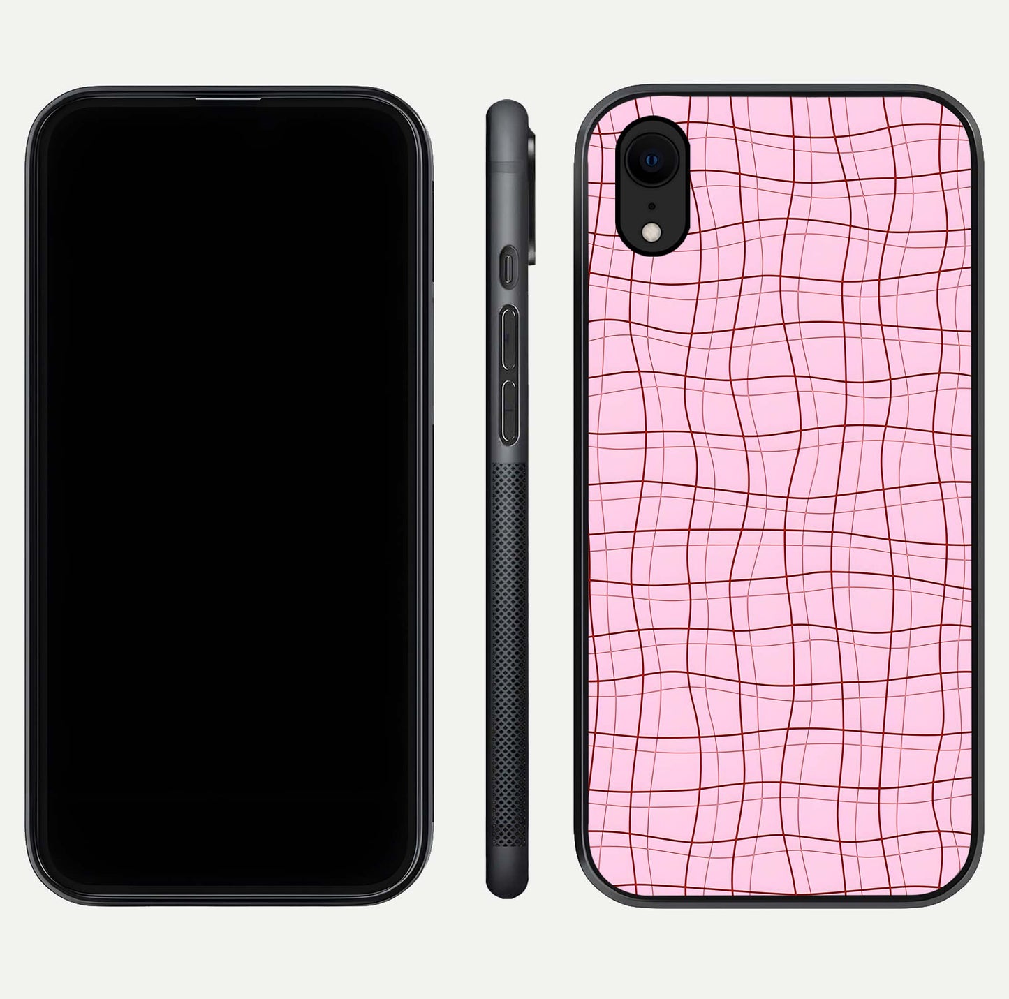 Soft Grid Bliss iPhone Xr glass phone case front and side layout view displaying slim profile and clean design