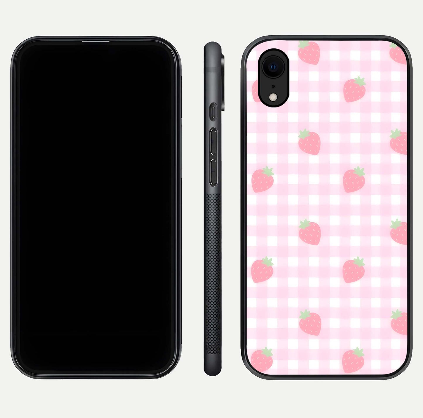Strawberry Picnic Love iPhone Xr glass phone case front and side layout view showing slim profile and full picnic design