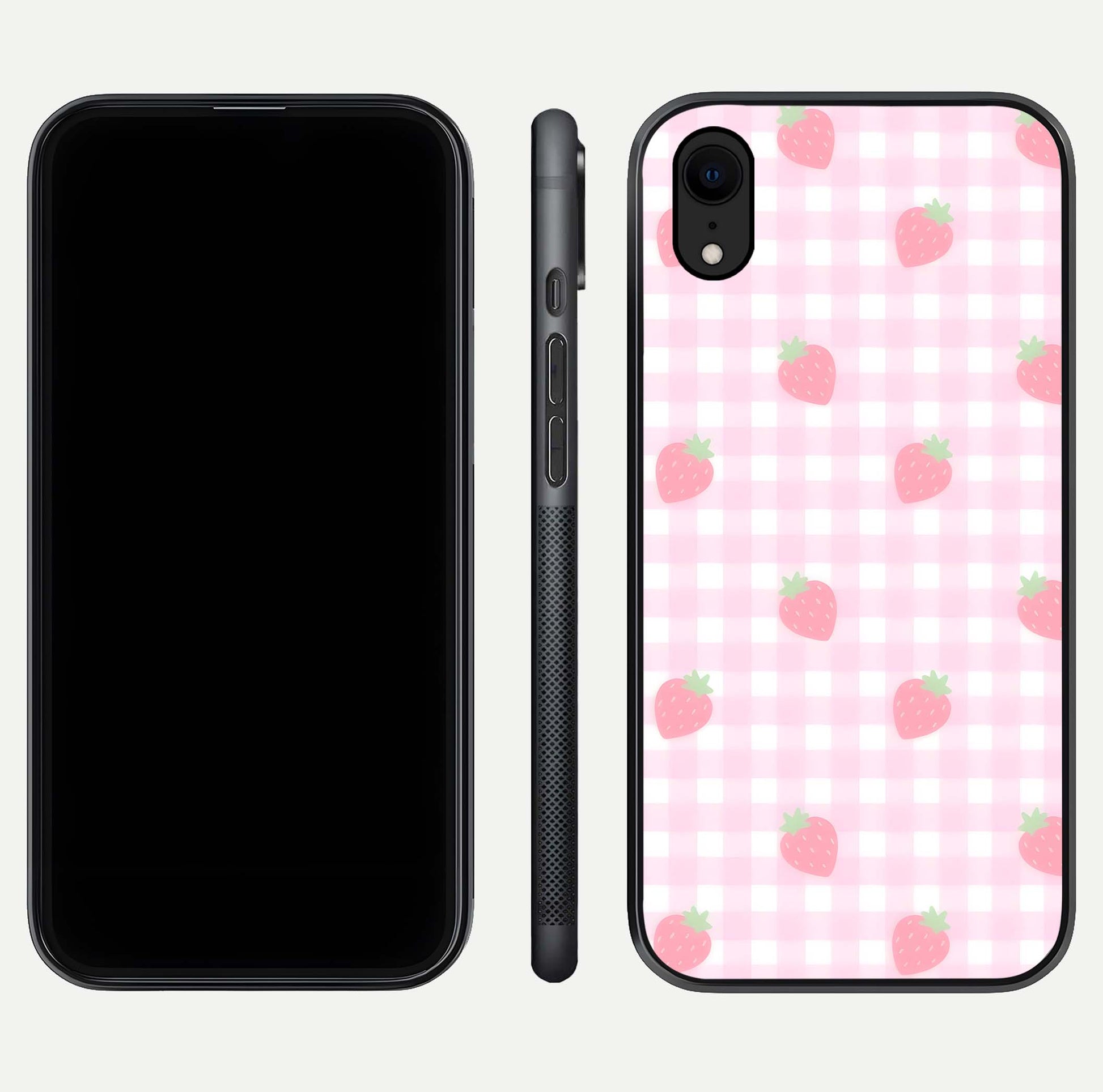 Strawberry Picnic Love iPhone Xr glass phone case front and side layout view showing slim profile and full picnic design