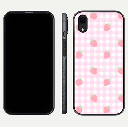 Strawberry Picnic Love iPhone Xr glass phone case front and side layout view showing slim profile and full picnic design