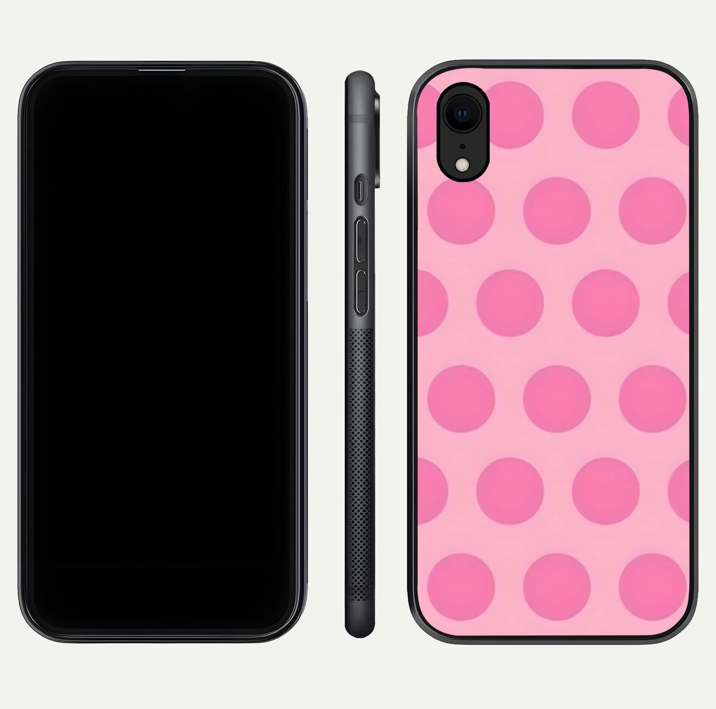 Sweet Dot Dreams iPhone Xr glass phone case front and side layout view displaying slim build and full dot design