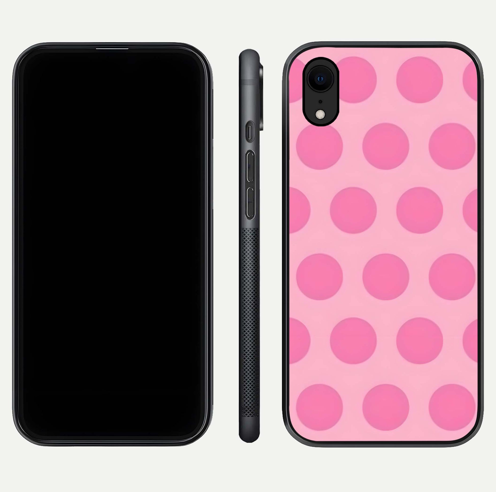 Sweet Dot Dreams iPhone Xr glass phone case front and side layout view displaying slim build and full dot design