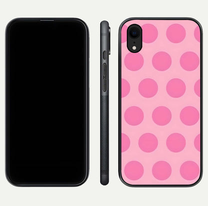 Sweet Dot Dreams iPhone Xr glass phone case front and side layout view displaying slim build and full dot design
