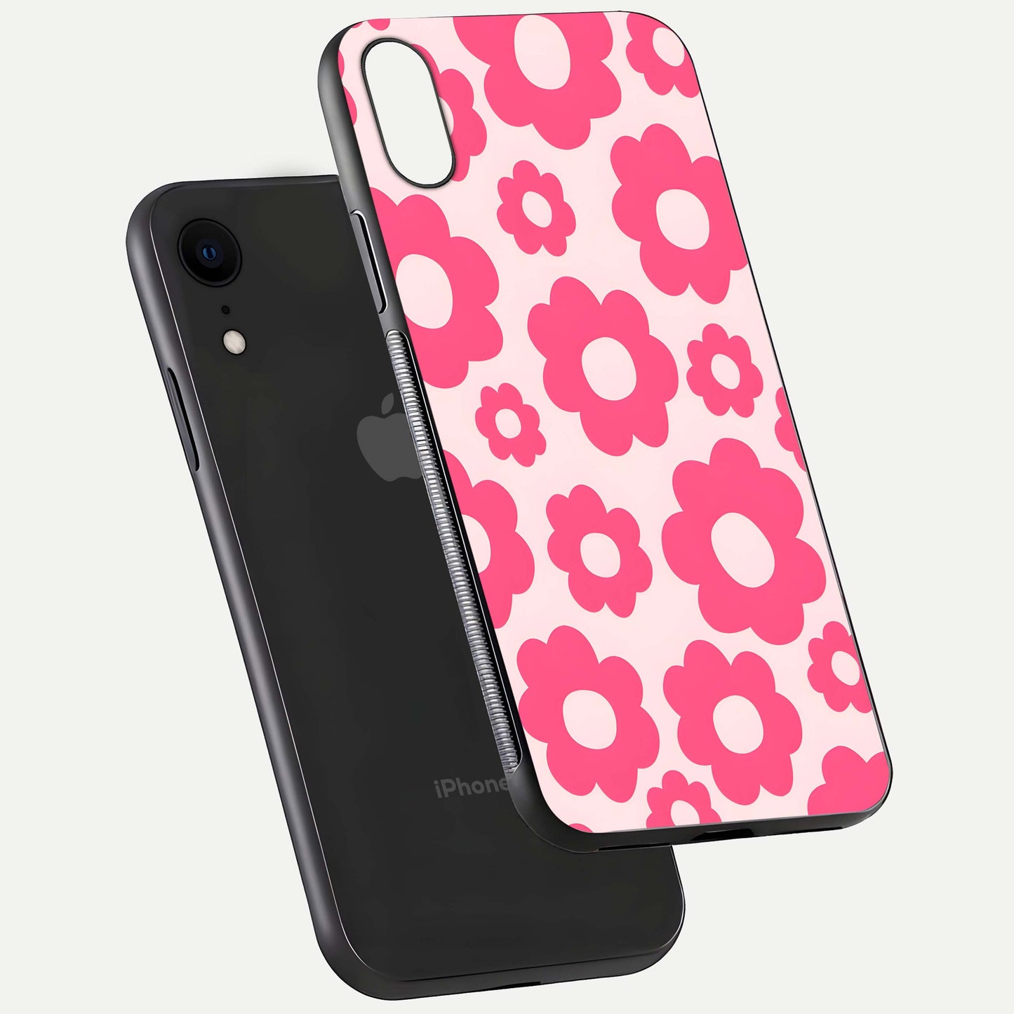 Blush Flower Pop iPhone Xr glass phone case floating view emphasizing premium build and vibrant flower artwork
