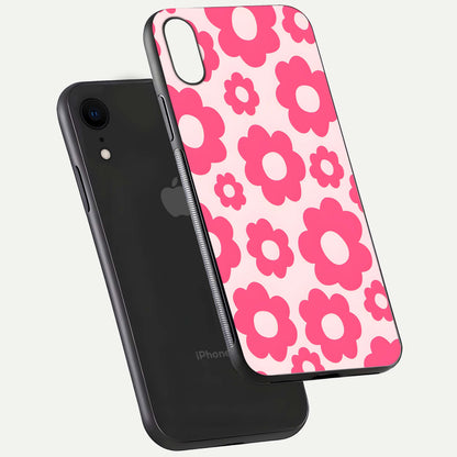 Blush Flower Pop iPhone Xr glass phone case floating view emphasizing premium build and vibrant flower artwork