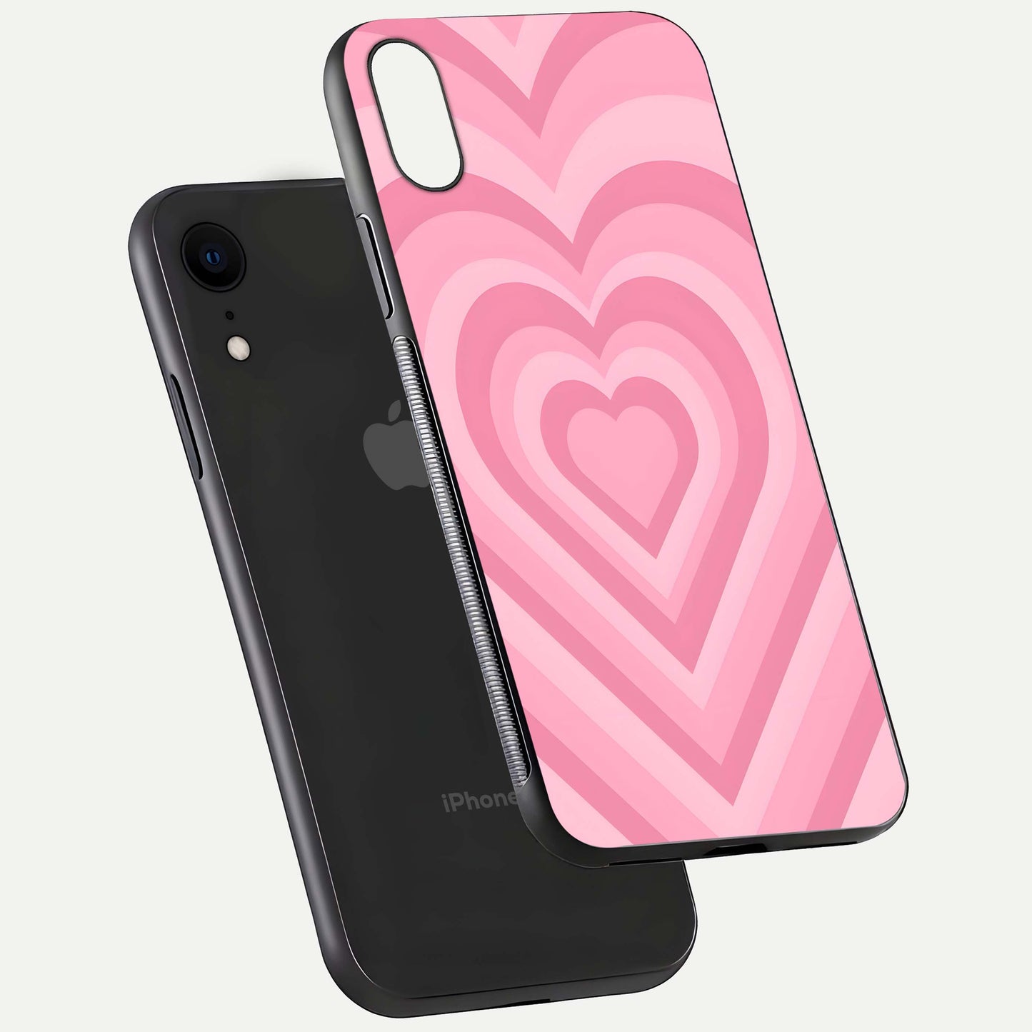 Blush Heart Waves iPhone Xr glass phone case floating view emphasizing glossy finish and layered heart design