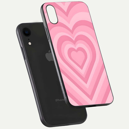 Blush Heart Waves iPhone Xr glass phone case floating view emphasizing glossy finish and layered heart design