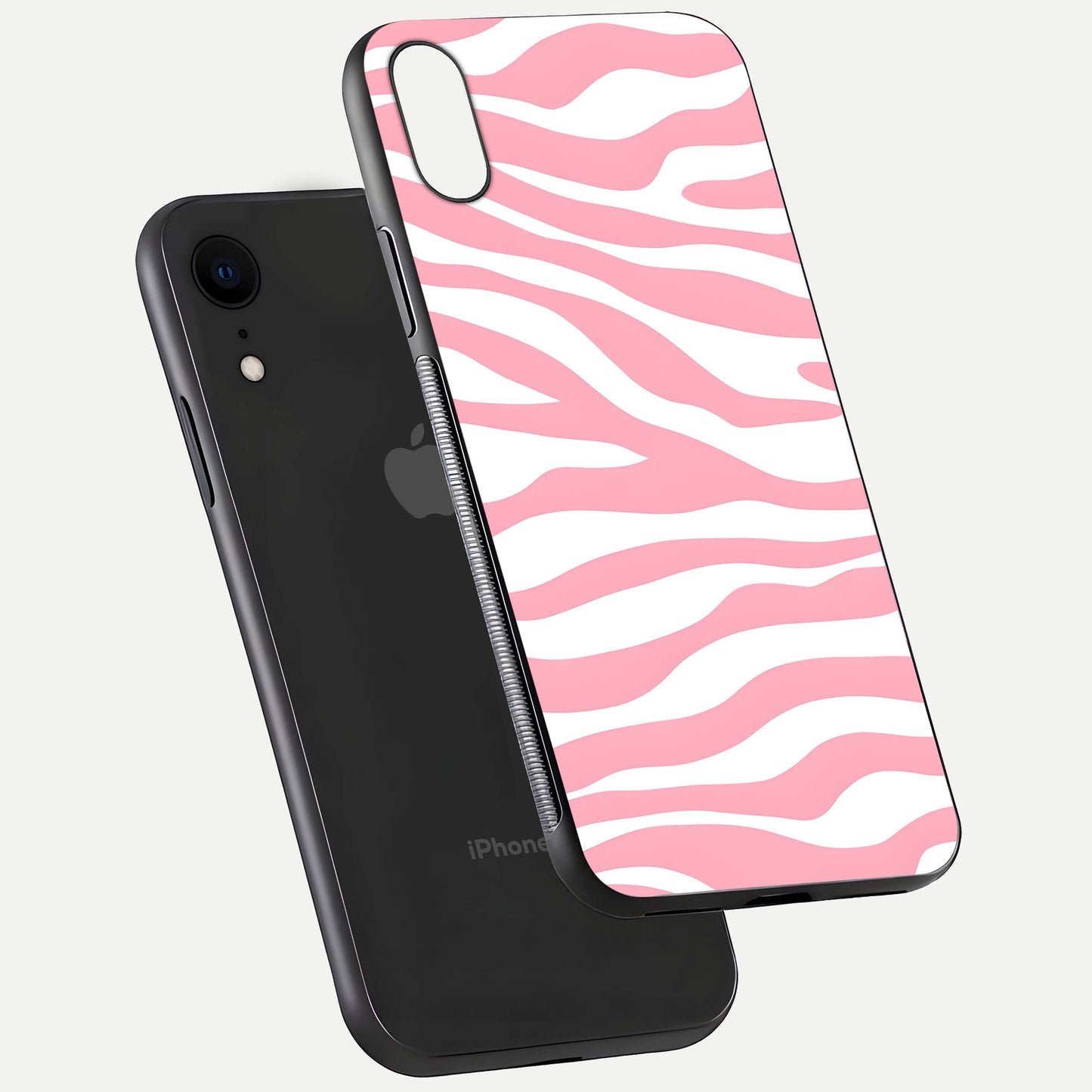 Blush Zebra Flow iPhone Xr glass phone case floating view emphasizing premium glossy surface and dynamic design