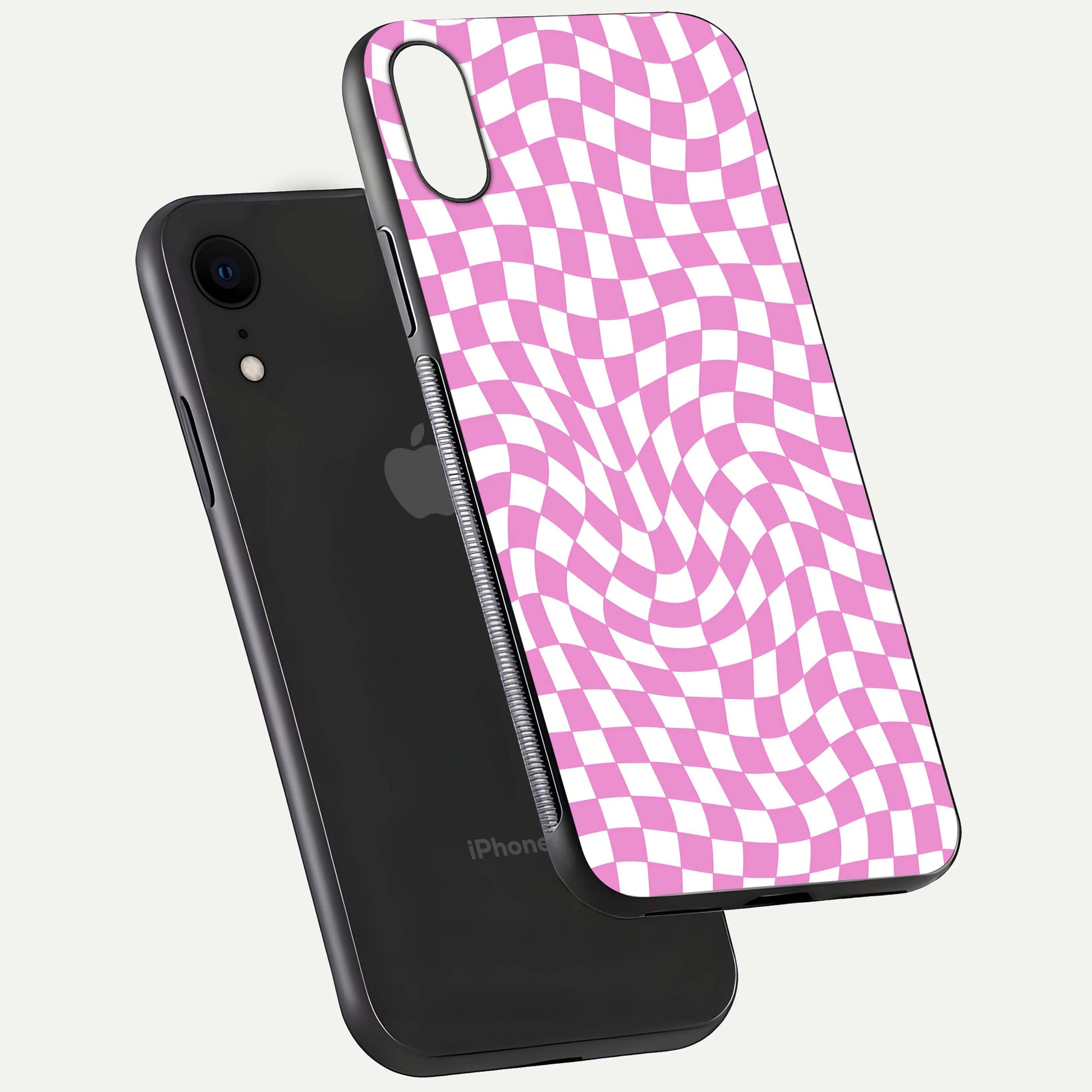 Bubblegum Check Wave iPhone Xr glass phone case floating view emphasizing premium glass finish and vibrant design