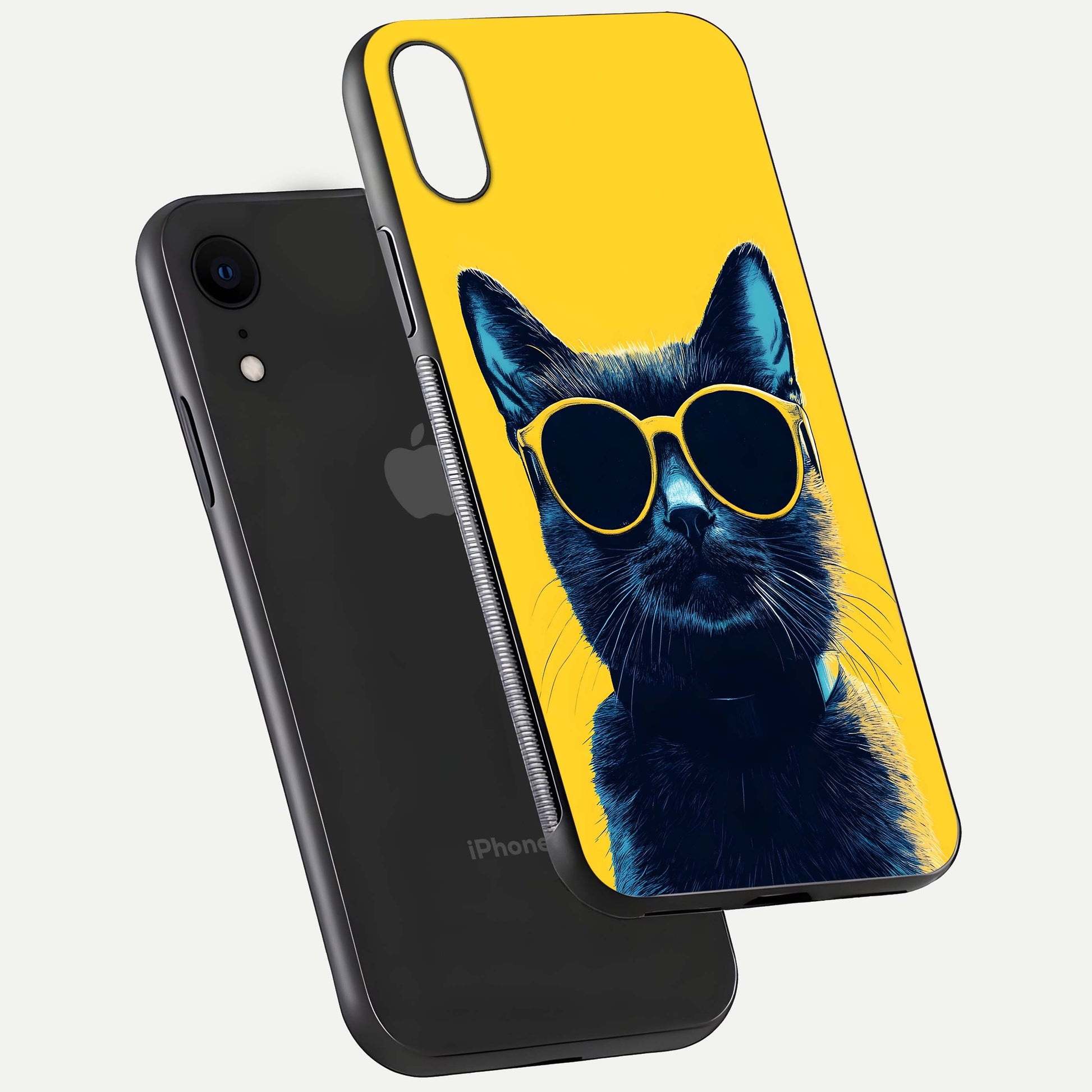Cool Cat Vibes iPhone Xr glass phone case floating view emphasizing glossy finish and fun cat vibe