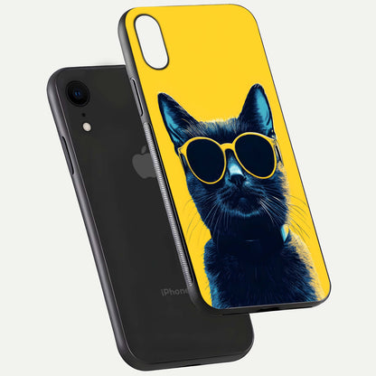Cool Cat Vibes iPhone Xr glass phone case floating view emphasizing glossy finish and fun cat vibe