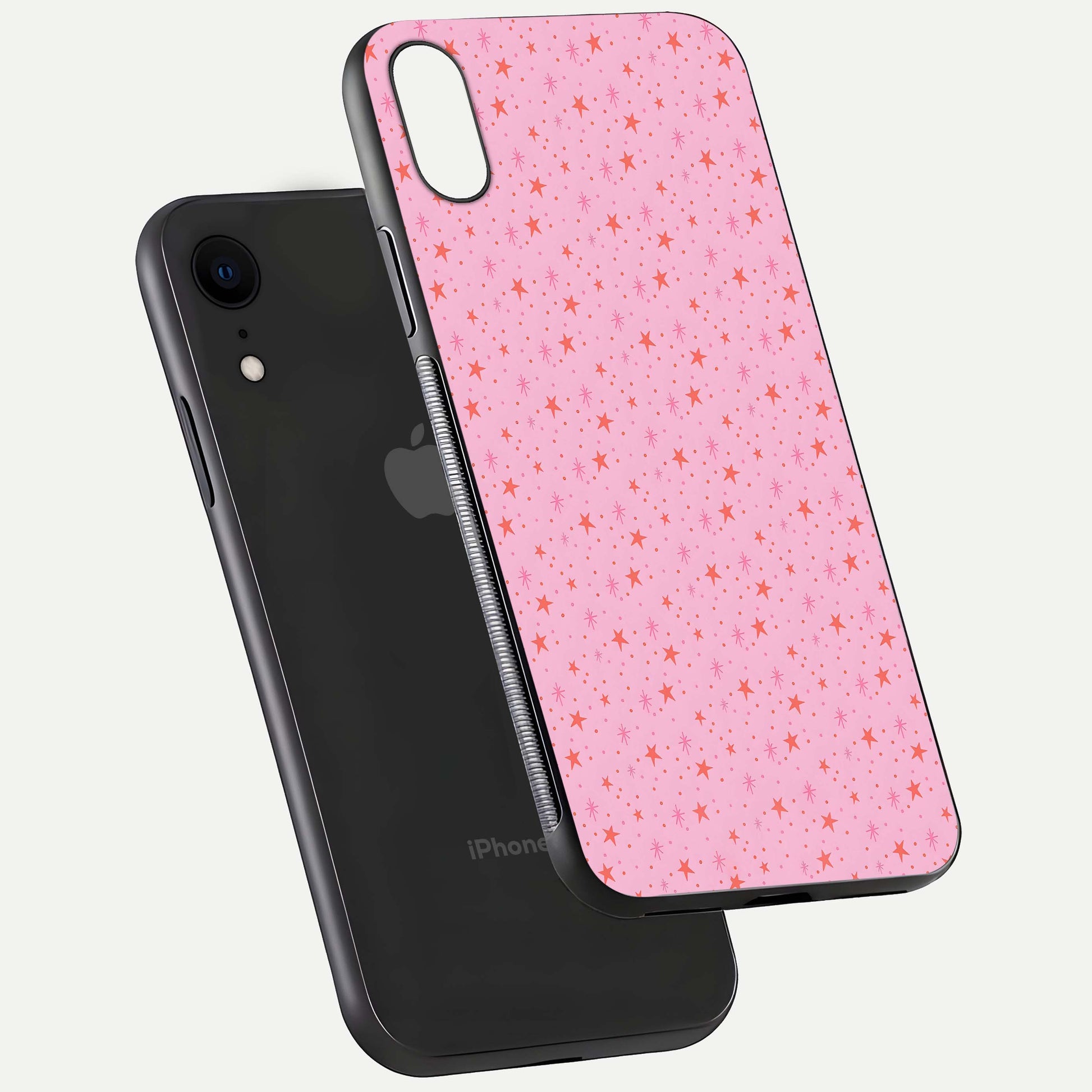 Cosmic Pink Sparkle iPhone Xr glass phone case floating view emphasizing premium glass surface and glittering details