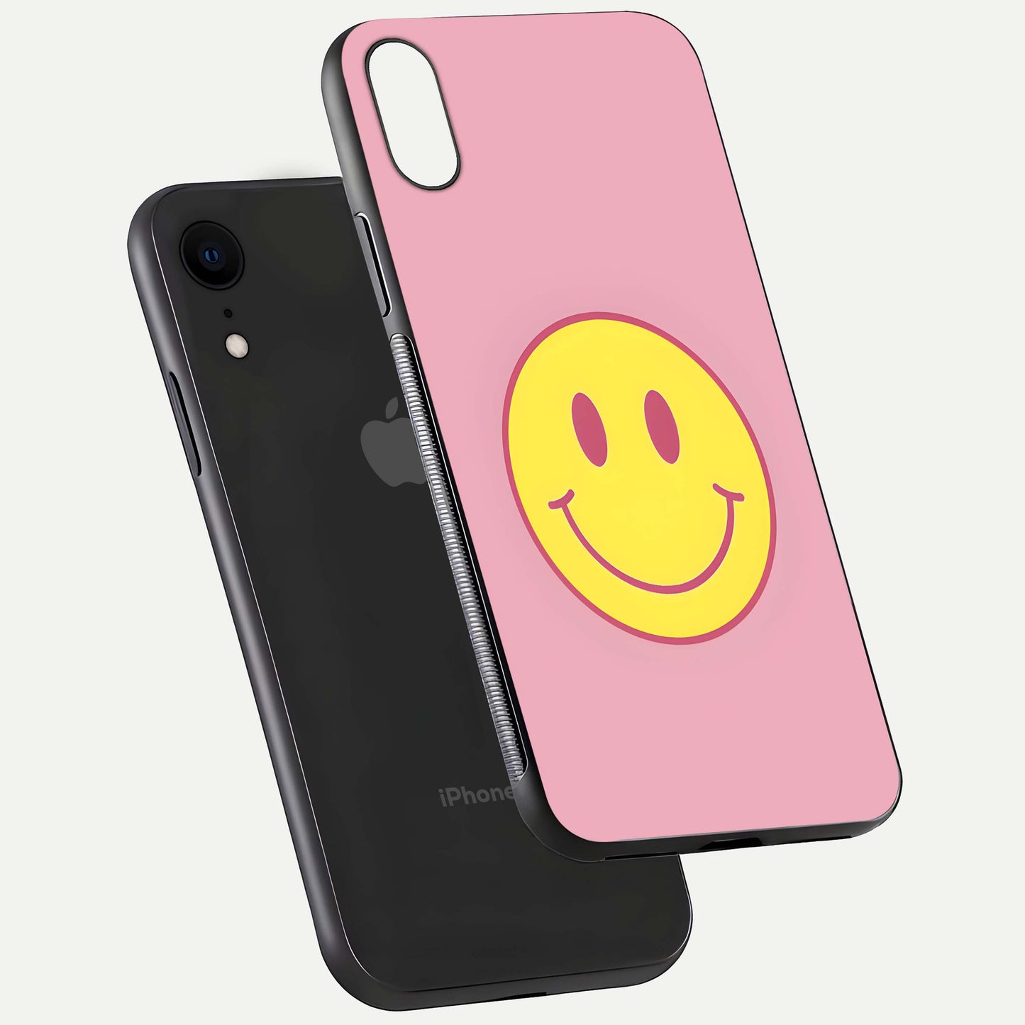 Happy Pink Mood iPhone Xr glass phone case floating view emphasizing glossy finish and joyful color palette