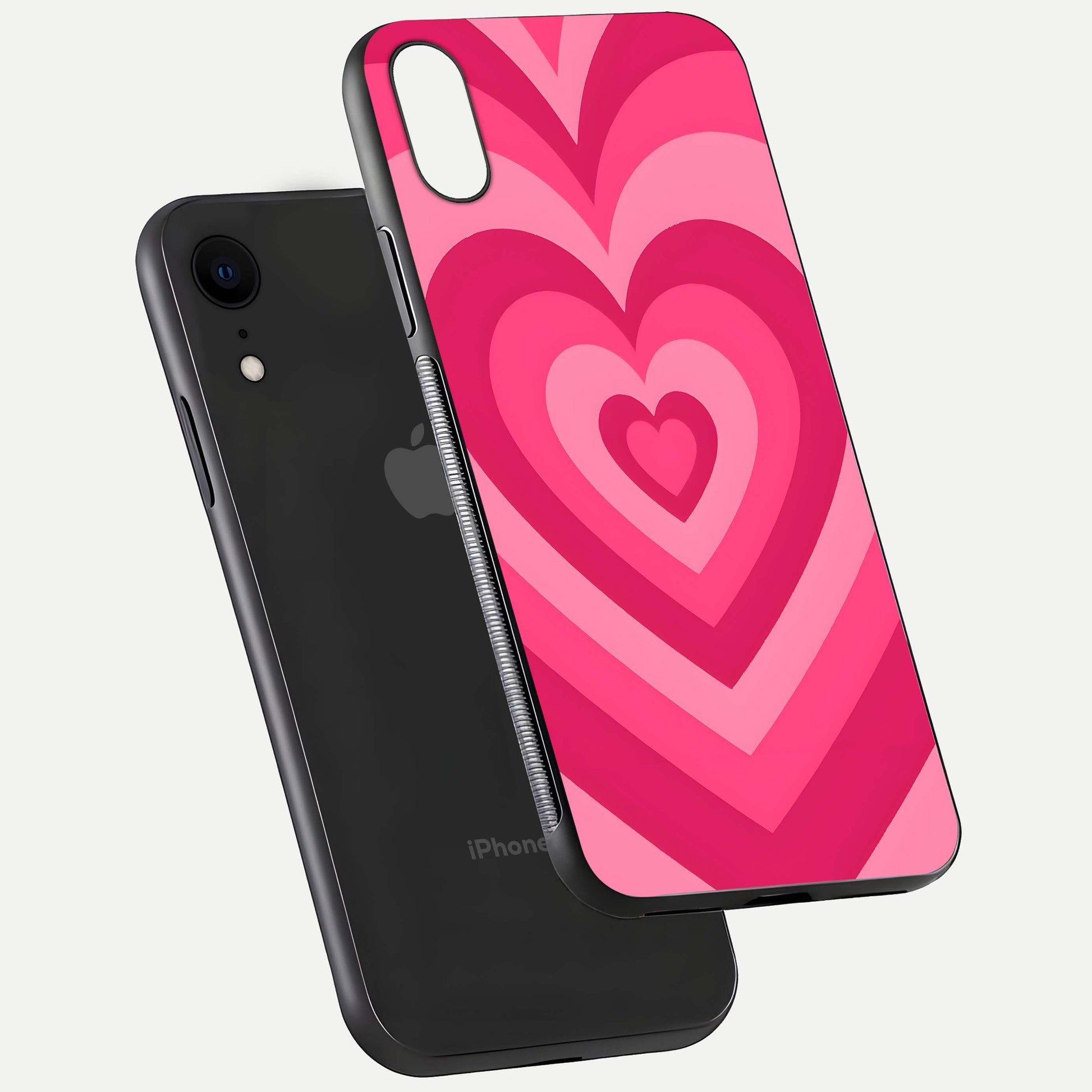 Layered Love Hearts iPhone Xr glass phone case floating view emphasizing glossy surface and layered heart details