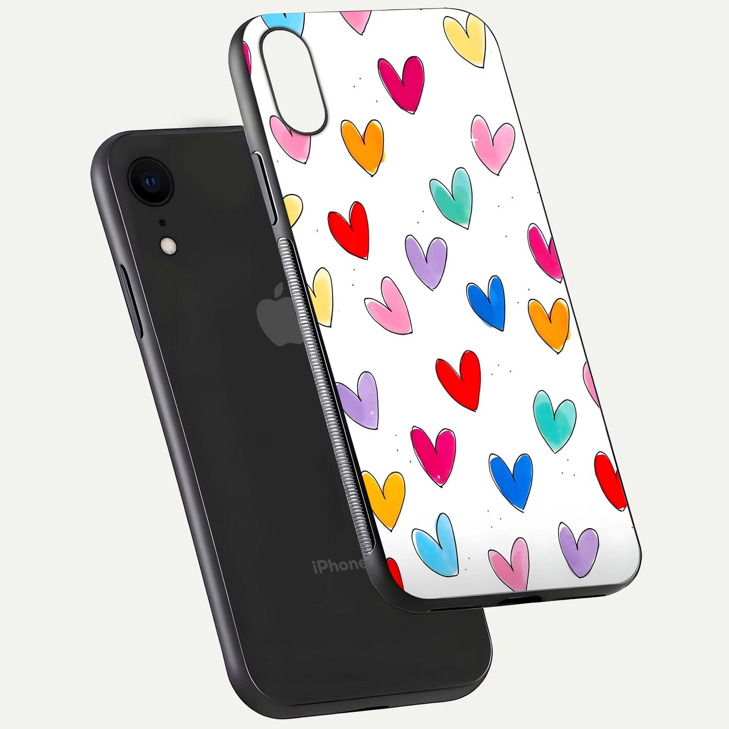 Playful Love Doodles iPhone Xr glass phone case floating view emphasizing glossy finish and playful design