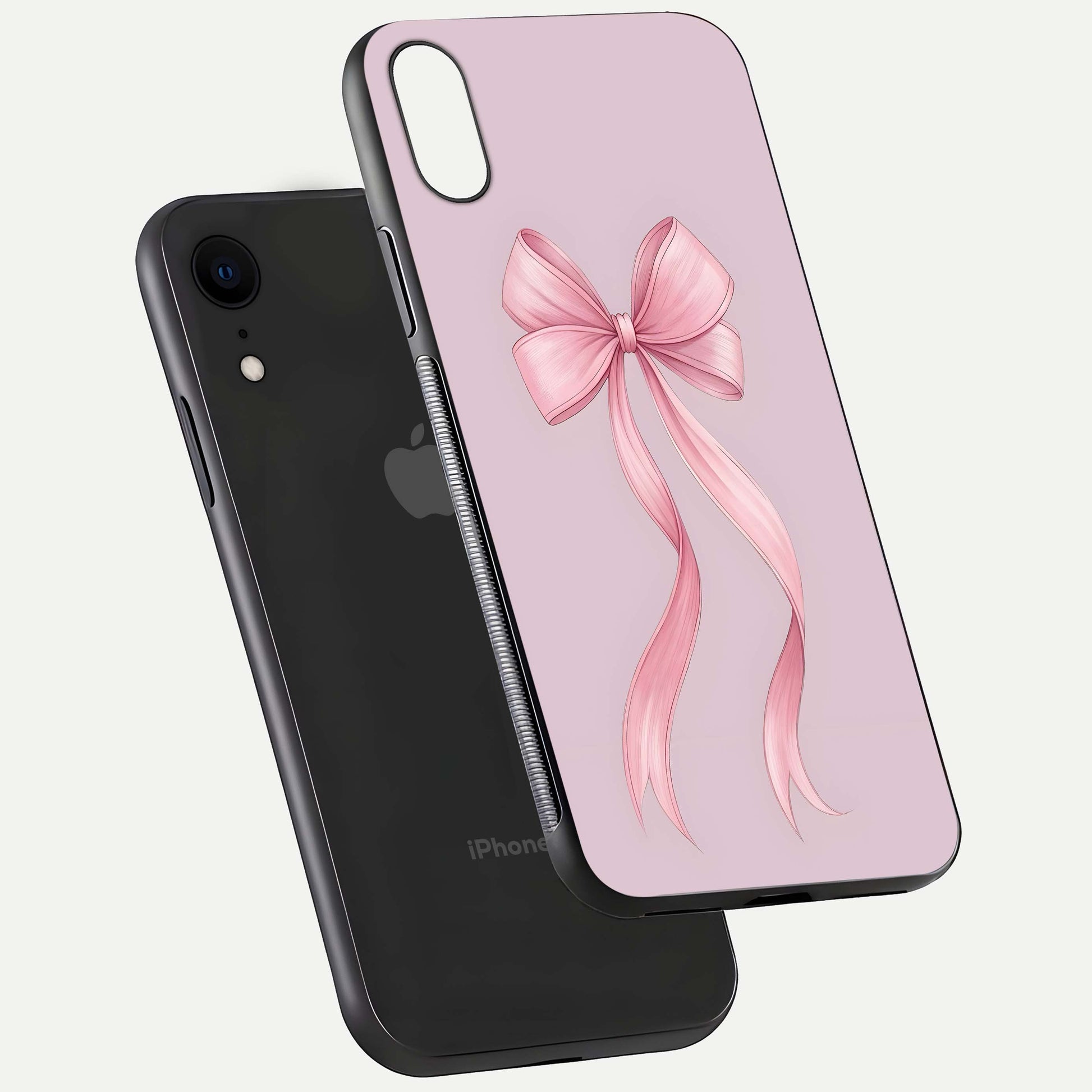 Soft Blush Bow iPhone Xr glass phone case floating view emphasizing glossy surface and soft feminine styling