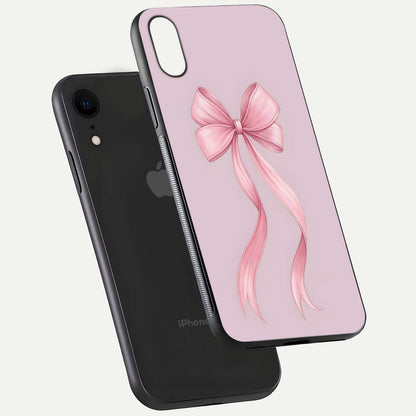 Soft Blush Bow iPhone Xr glass phone case floating view emphasizing glossy surface and soft feminine styling