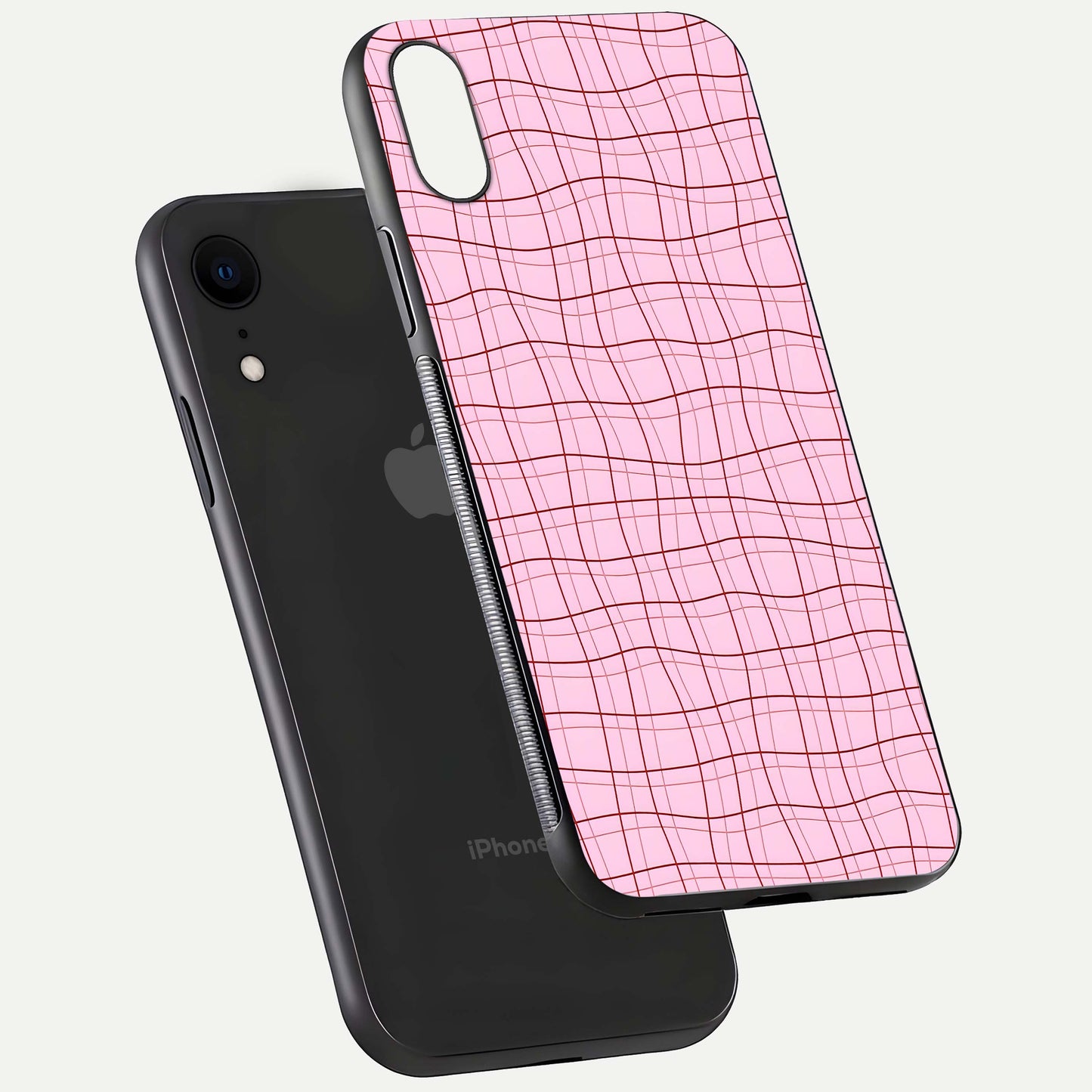 Soft Grid Bliss iPhone Xr glass phone case floating view emphasizing glossy surface and minimal styling