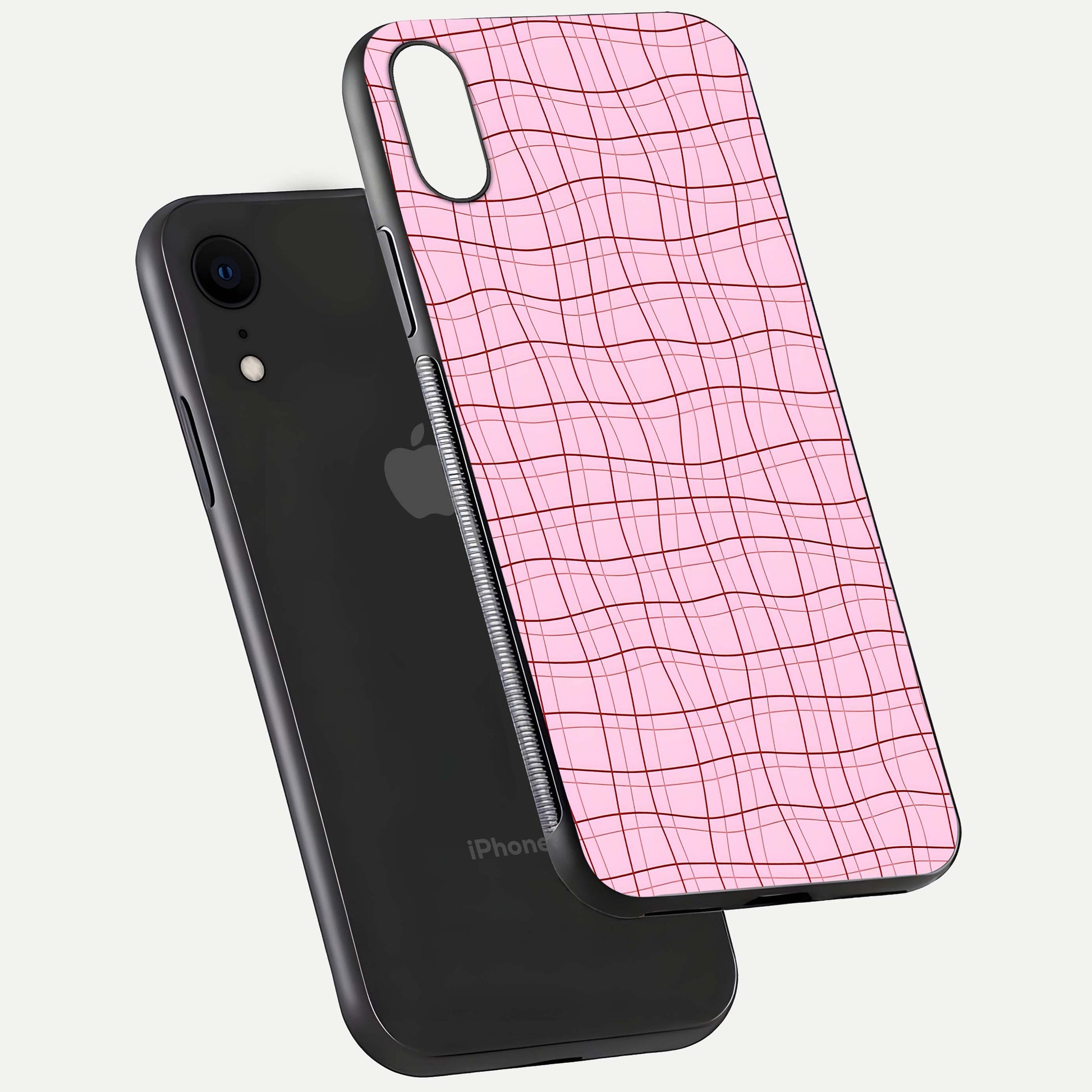 Soft Grid Bliss iPhone Xr glass phone case floating view emphasizing glossy surface and minimal styling