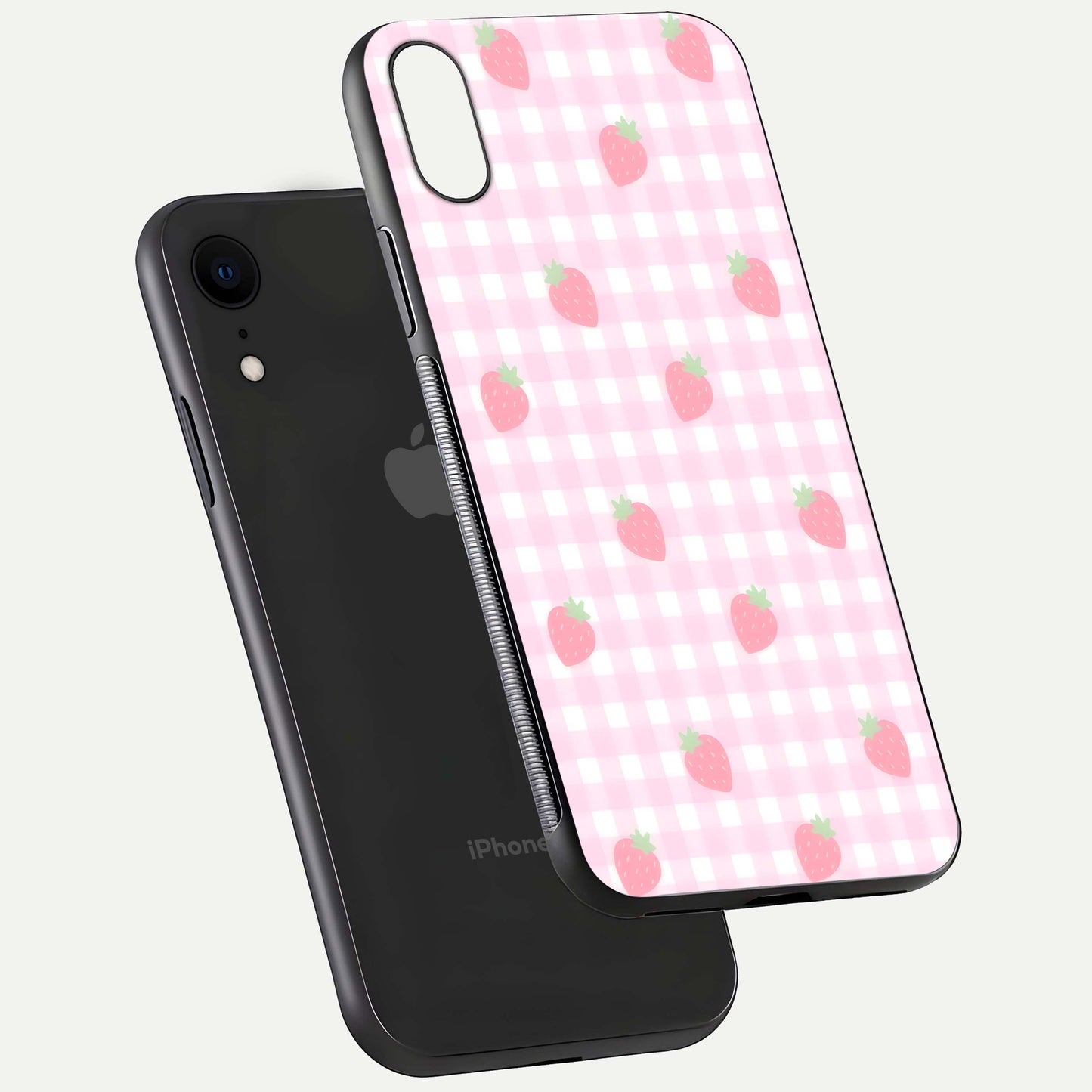 Strawberry Picnic Love iPhone Xr glass phone case floating view emphasizing glossy finish and playful charm