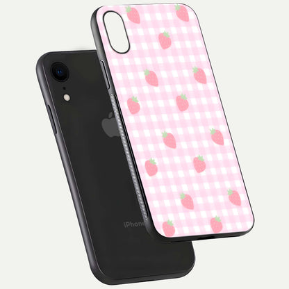 Strawberry Picnic Love iPhone Xr glass phone case floating view emphasizing glossy finish and playful charm