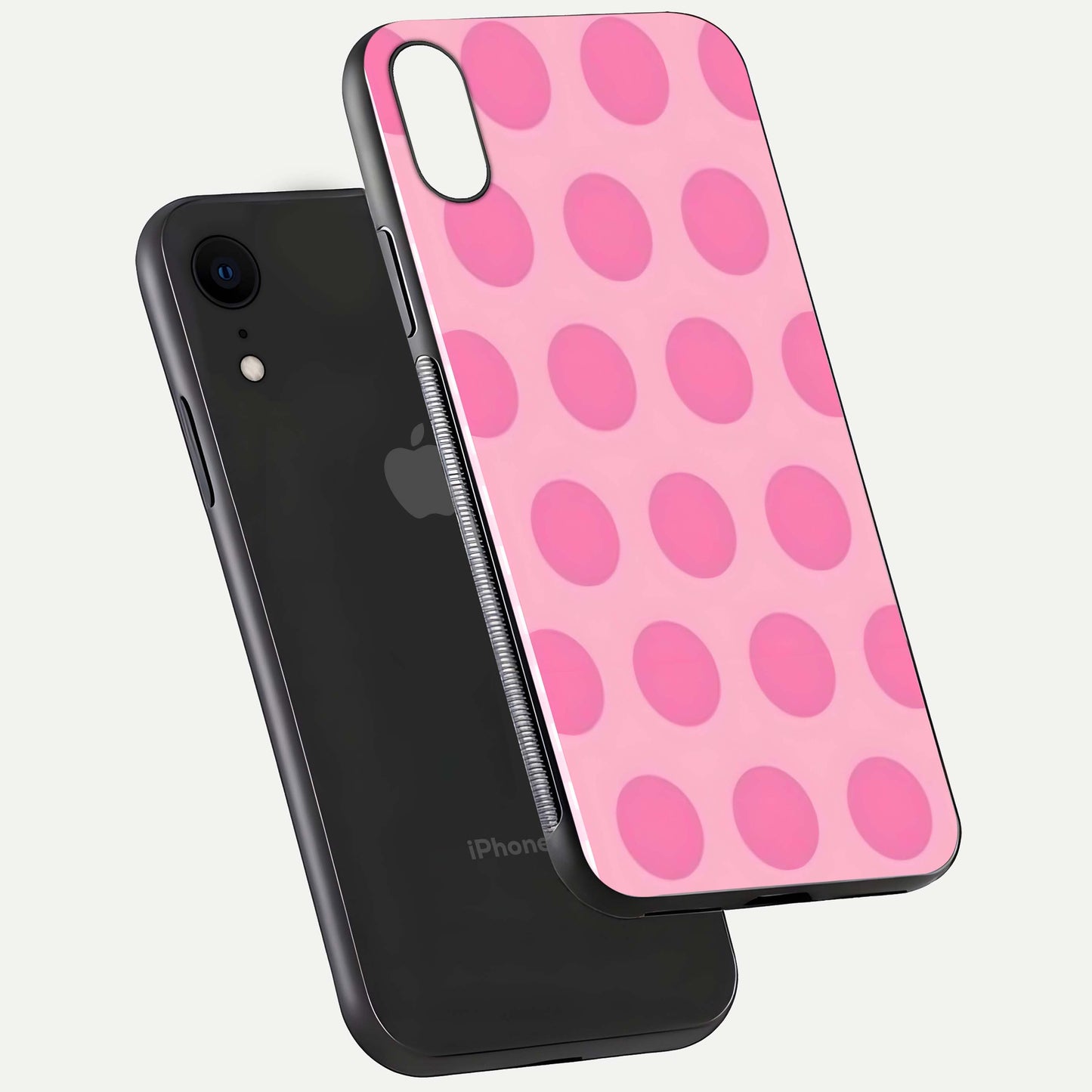 Sweet Dot Dreams iPhone Xr glass phone case floating view emphasizing glossy surface and soft playful styling