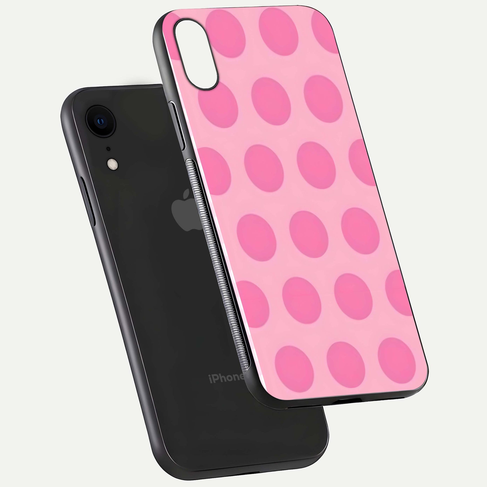 Sweet Dot Dreams iPhone Xr glass phone case floating view emphasizing glossy surface and soft playful styling