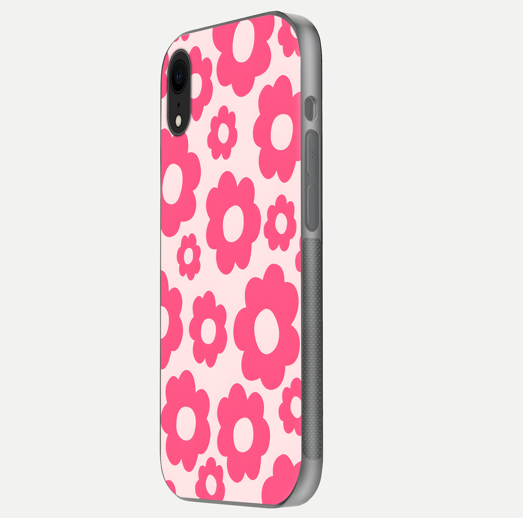 Blush Flower Pop iPhone Xr glass phone case side profile view focusing on clean edges and seamless floral wrap