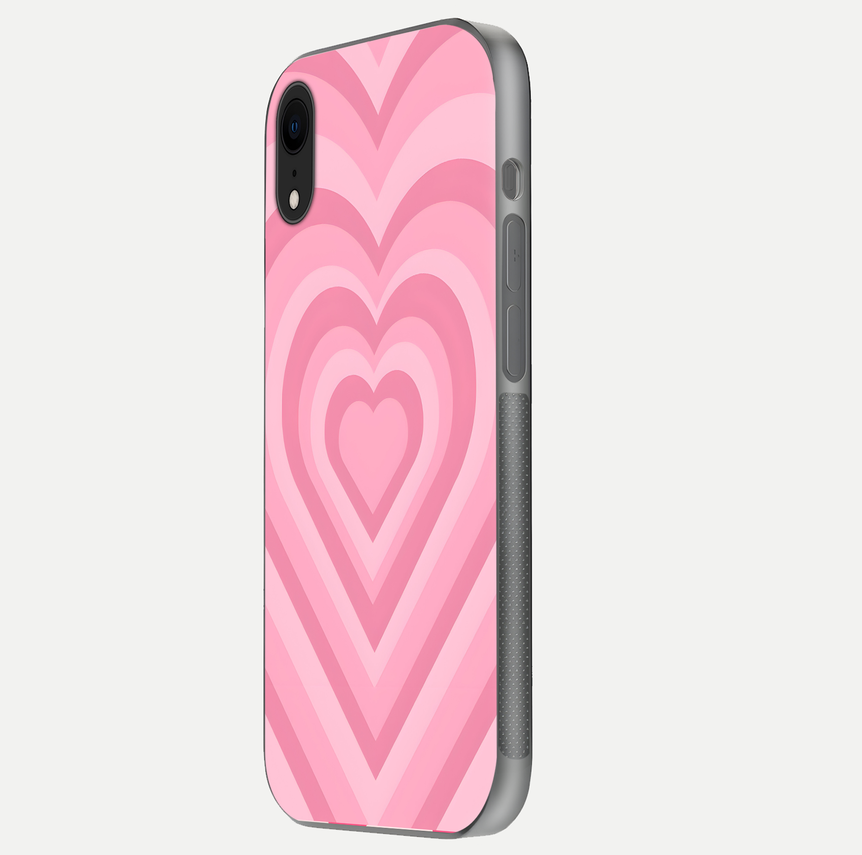 Blush Heart Waves iPhone Xr glass phone case side profile view focusing on smooth edges and elegant wrap