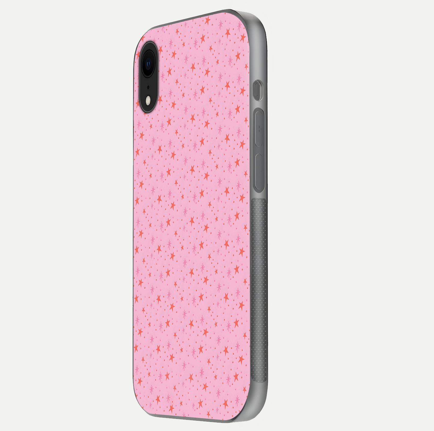 Cosmic Pink Sparkle iPhone Xr glass phone case side profile view focusing on sleek edges and seamless wrap