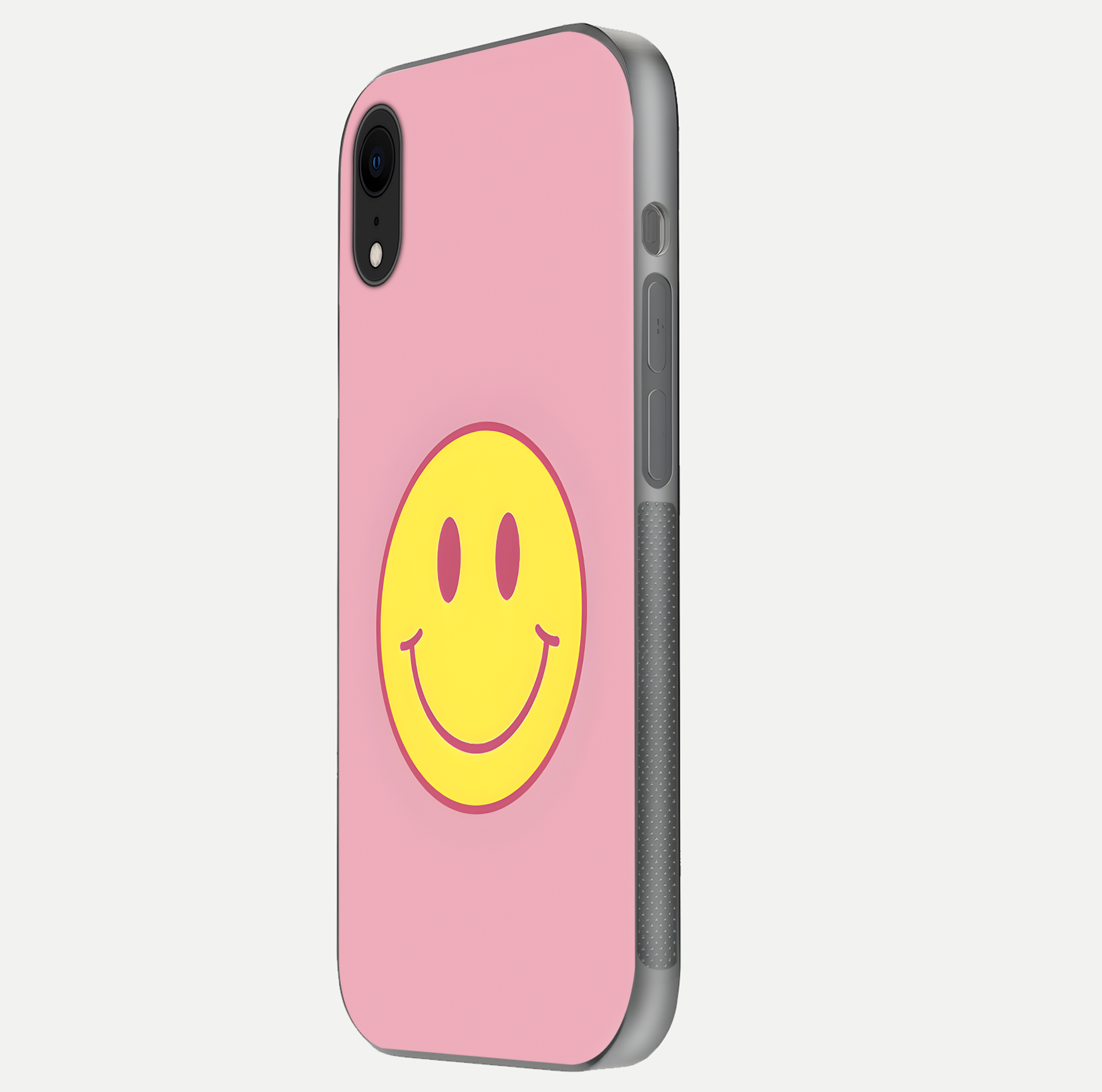 Happy Pink Mood iPhone Xr glass phone case side profile view focusing on smooth frame and clean wrap