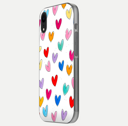 Playful Love Doodles iPhone Xr glass phone case side profile view focusing on smooth frame and seamless wrap