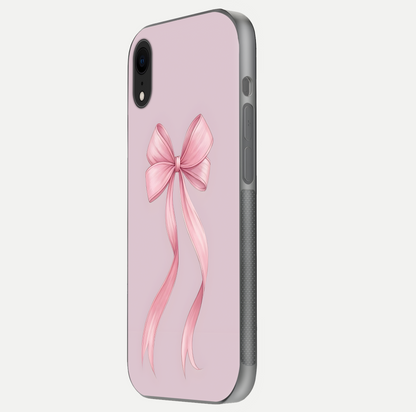 Soft Blush Bow iPhone Xr glass phone case side profile view focusing on sleek edges and seamless wrap