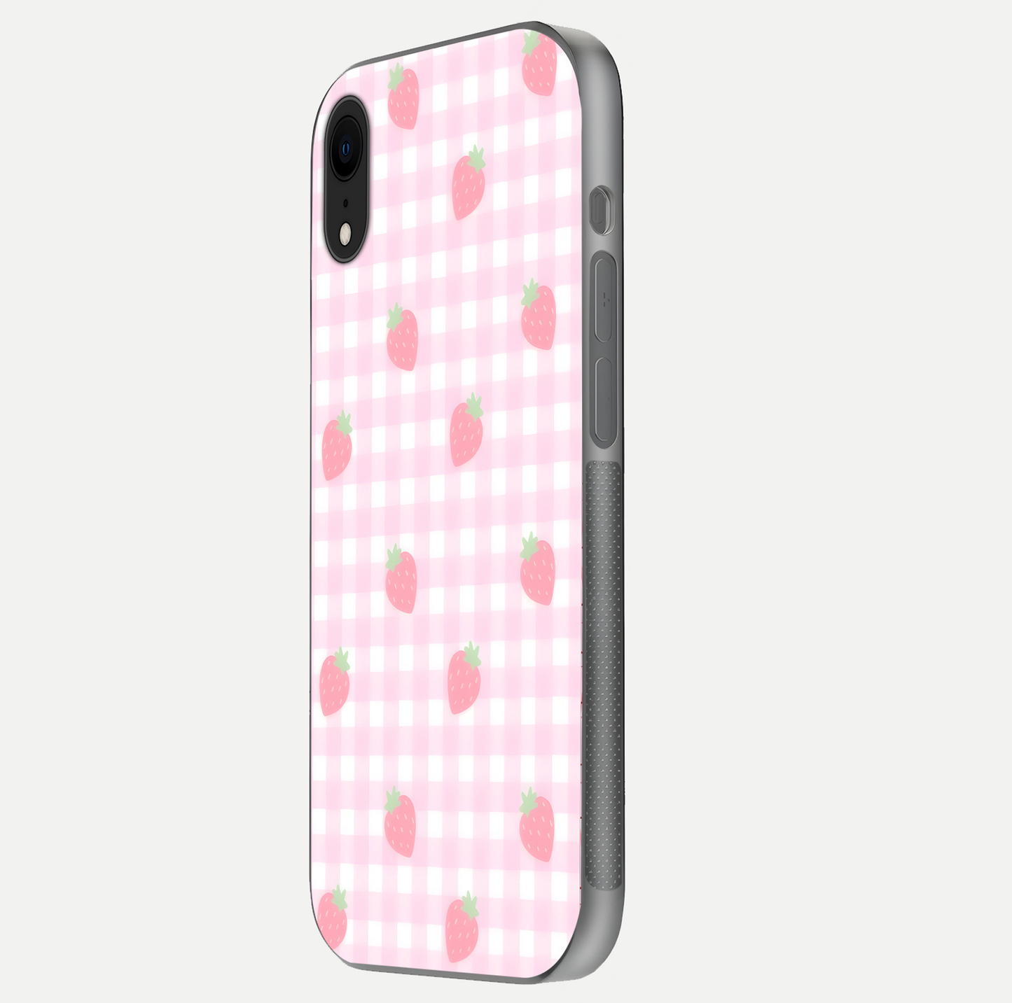 Strawberry Picnic Love iPhone Xr glass phone case side profile view focusing on smooth frame and seamless wrap