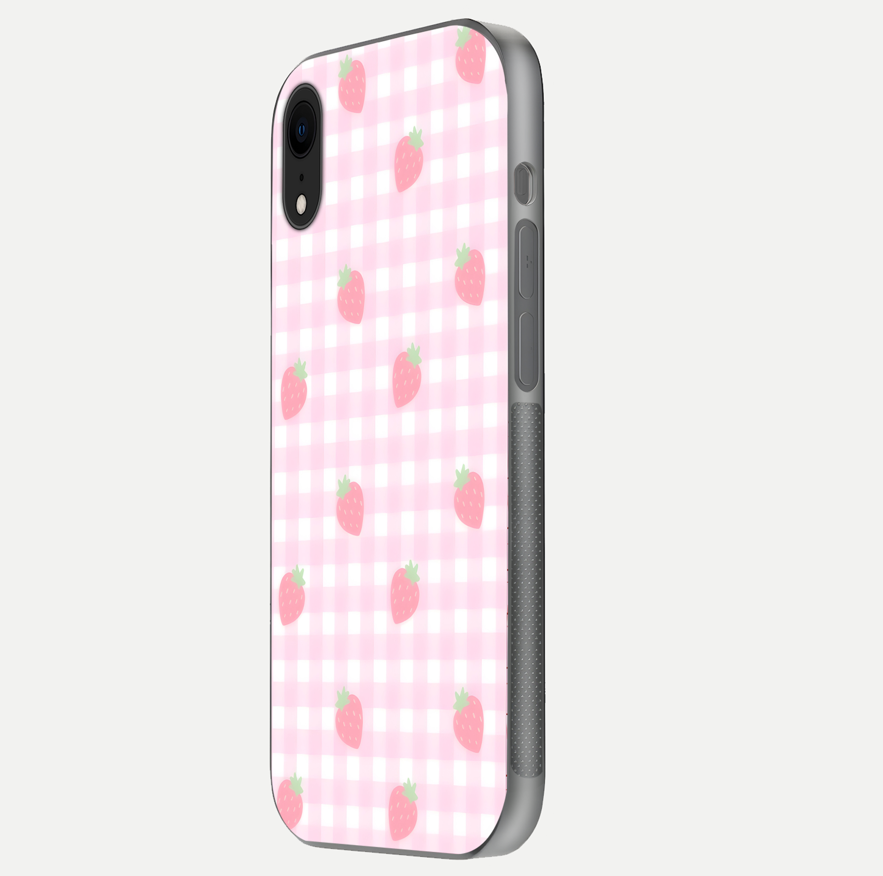 Strawberry Picnic Love iPhone Xr glass phone case side profile view focusing on smooth frame and seamless wrap