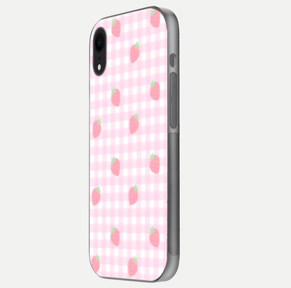 Strawberry Picnic Love iPhone Xr glass phone case side profile view focusing on smooth frame and seamless wrap