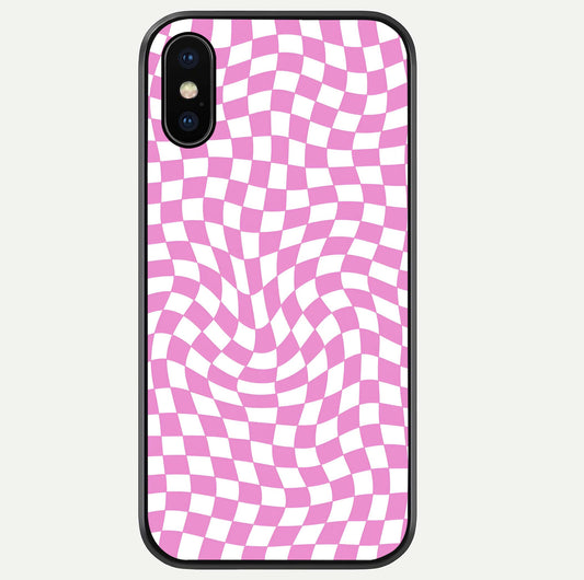 Bubblegum Check Wave iPhone Xs Max glass phone case front view showcasing playful bubblegum check wave pattern with glossy finish