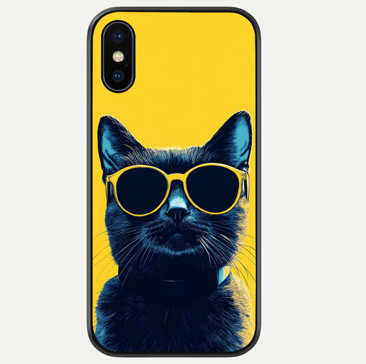 Cool Cat Vibes iPhone Xs Max glass phone case front view featuring playful cat illustration with cool aesthetic tones
