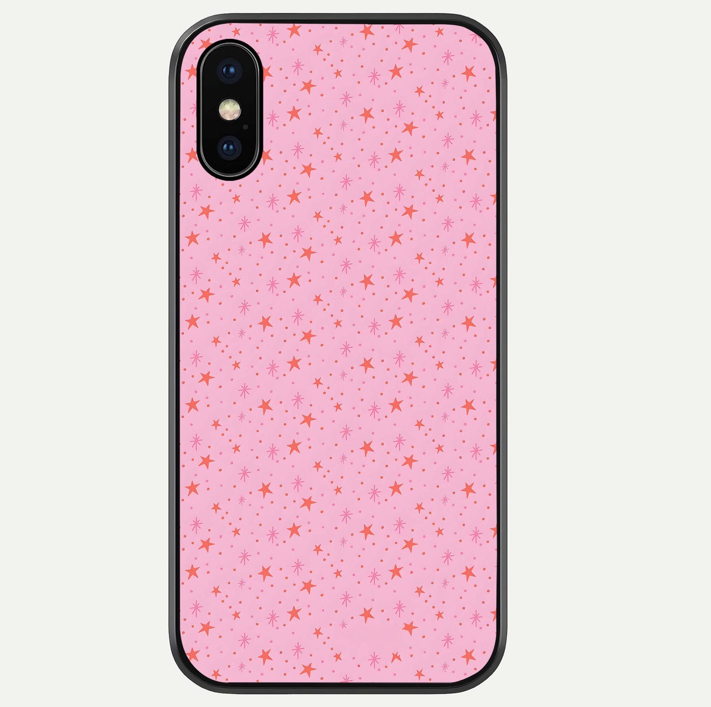 Cosmic Pink Sparkle iPhone Xs Max glass phone case front view showcasing shimmering pink cosmic artwork with glossy finish